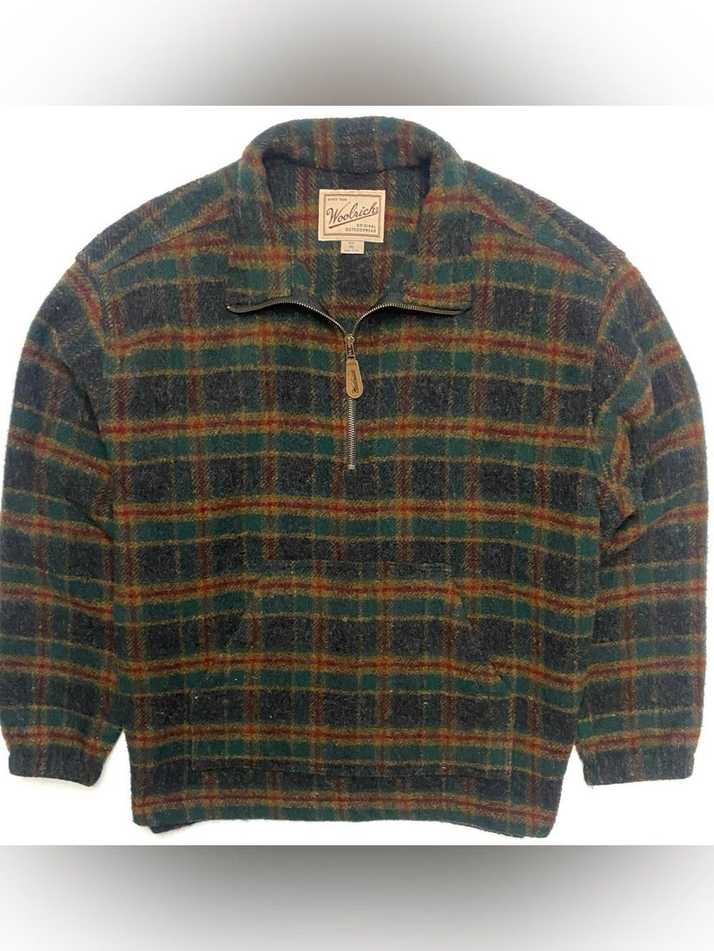 Vintage Woolrich 1/4 Zip Wool Green Tartan Plaid Pullover Jacket Made in USA XL
